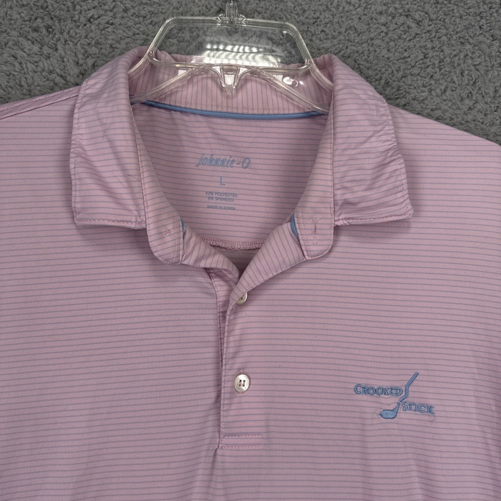 Johnnie O Polo Shirt Mens Large Pink Stripe Crooked Stick Golf Logo